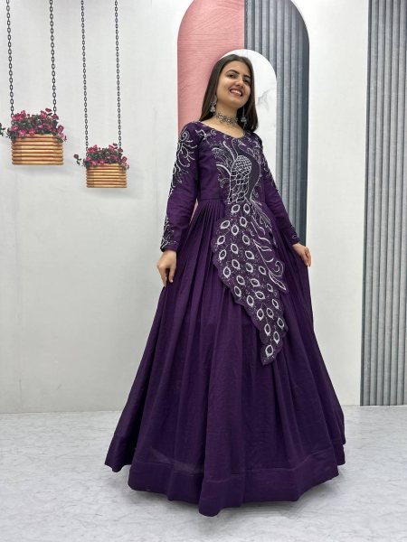 Recyclable Purple Stylish Vichitra Silk Gown with Heavy Work for Festive Functions Designer Lehenga Choli