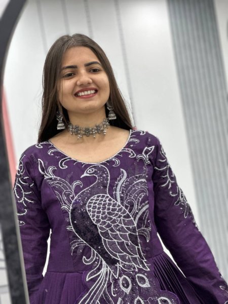 Recyclable Purple Stylish Vichitra Silk Gown with Heavy Work for Festive Functions Designer Lehenga Choli
