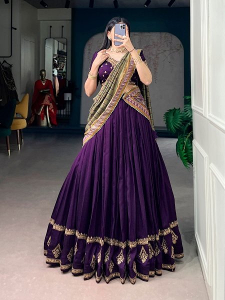 Recyclable Purple Vichitra Silk Lehenga Set with 4 Meter Flair at Wholesale Rate 