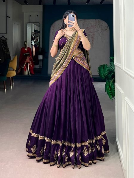 Recyclable Purple Vichitra Silk Lehenga Set with 4 Meter Flair at Wholesale Rate Designer Lehenga Choli