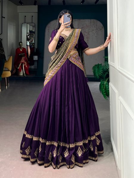 Recyclable Purple Vichitra Silk Lehenga Set with 4 Meter Flair at Wholesale Rate Designer Lehenga Choli