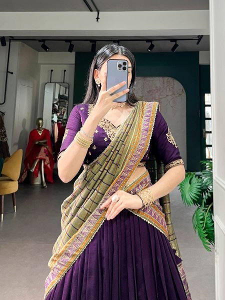 Recyclable Purple Vichitra Silk Lehenga Set with 4 Meter Flair at Wholesale Rate Designer Lehenga Choli