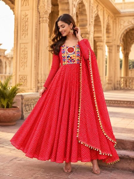 Recyclable Red Designer Fox Georgette Gown with Printed Embroidery for Navratri Anarkali Kurtis 