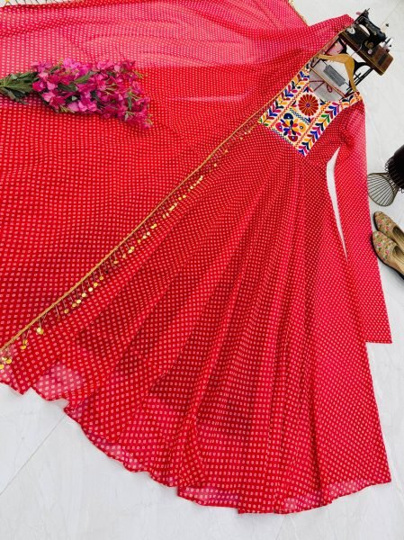 Recyclable Red Designer Fox Georgette Gown with Printed Embroidery for Navratri Anarkali Kurtis 