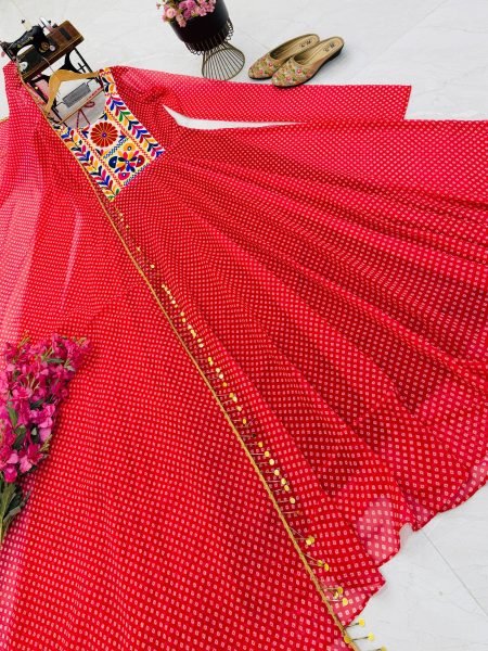 Recyclable Red Designer Fox Georgette Gown with Printed Embroidery for Navratri Anarkali Kurtis 