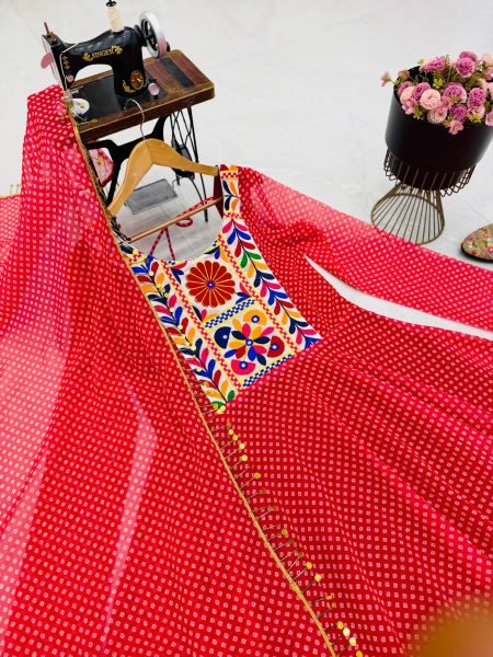 Recyclable Red Designer Fox Georgette Gown with Printed Embroidery for Navratri Anarkali Kurtis 
