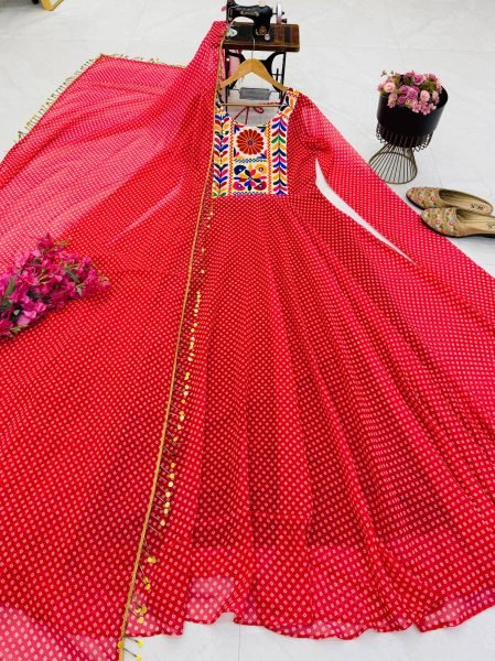 Recyclable Red Designer Fox Georgette Gown with Printed Embroidery for Navratri Anarkali Kurtis 