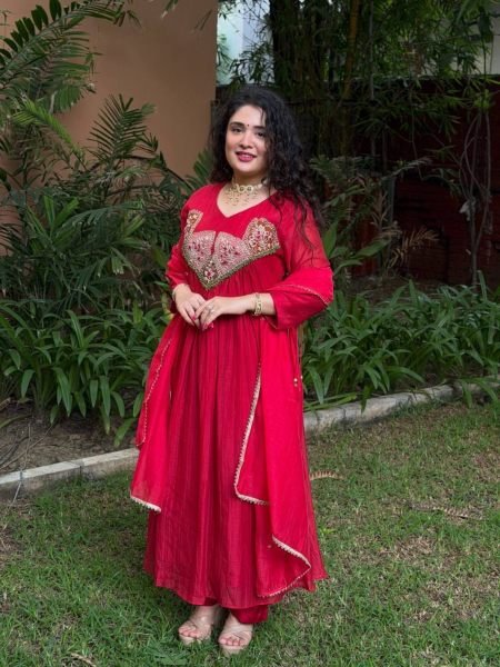 Recyclable Red Mal Chanderi Embroidered Top Pant Dupatta Set for Women Ready To Wear Suit
