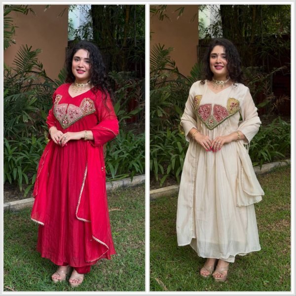 Recyclable Red Mal Chanderi Embroidered Top Pant Dupatta Set for Women Ready To Wear Collection