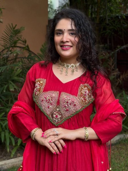 Recyclable Red Mal Chanderi Embroidered Top Pant Dupatta Set for Women Ready To Wear Collection