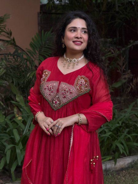Recyclable Red Mal Chanderi Embroidered Top Pant Dupatta Set for Women Ready To Wear Collection