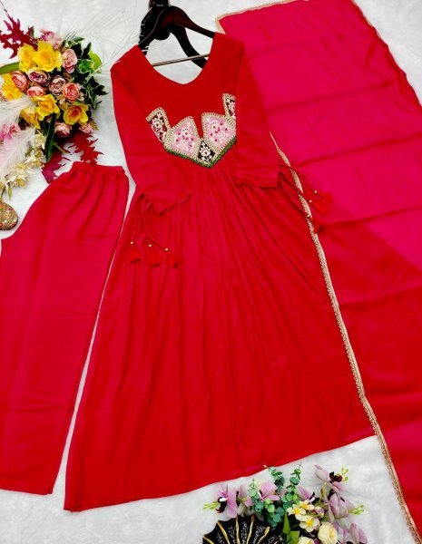 Recyclable Red Mal Chanderi Embroidered Top Pant Dupatta Set for Women Ready To Wear Collection