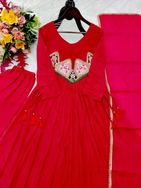 Recyclable Red Mal Chanderi Embroidered Top Pant Dupatta Set for Women Ready To Wear Collection