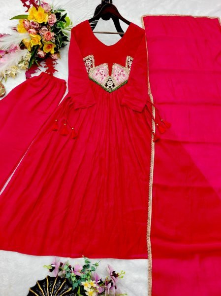 Recyclable Red Mal Chanderi Embroidered Top Pant Dupatta Set for Women Ready To Wear Collection