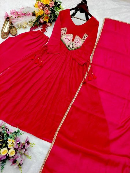 Recyclable Red Mal Chanderi Embroidered Top Pant Dupatta Set for Women Ready To Wear Collection