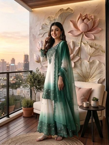 Recyclable Teal Green Party Wear Heavy Dual Tone Georgette Kurti Palazzo Set for Women 