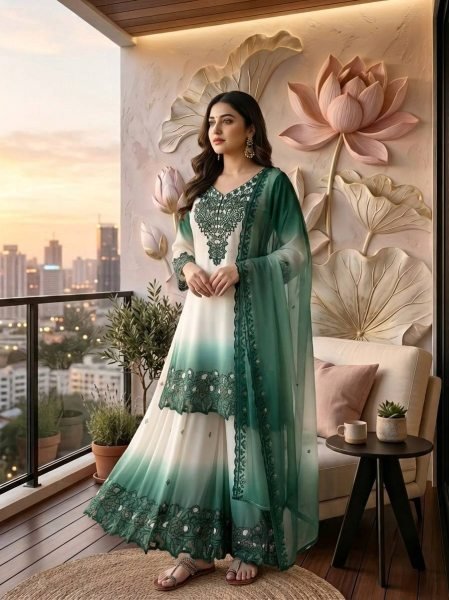 Recyclable Teal Green Party Wear Heavy Dual Tone Georgette Kurti Palazzo Set for Women Ready To Wear Collection