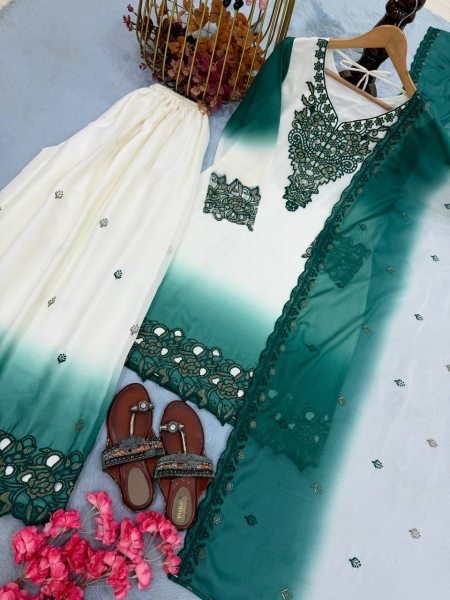 Recyclable Teal Green Party Wear Heavy Dual Tone Georgette Kurti Palazzo Set for Women Ready To Wear Collection
