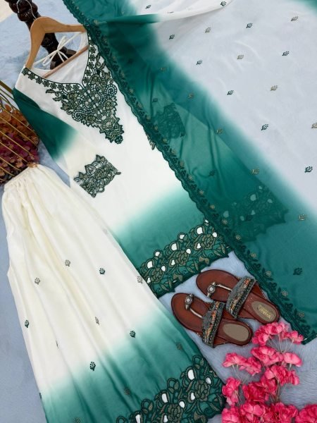 Recyclable Teal Green Party Wear Heavy Dual Tone Georgette Kurti Palazzo Set for Women Ready To Wear Collection