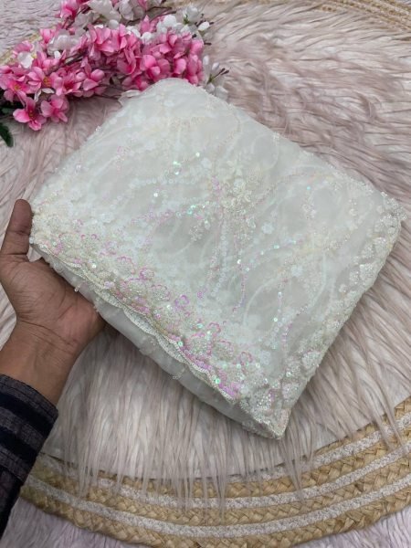 Recyclable White Butterfly Net Saree with Designer C Pallu Work For Party Bollywood Fancy Sarees Wholesale