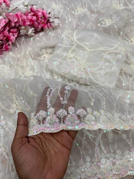 Recyclable White Butterfly Net Saree with Designer C Pallu Work For Party Bollywood Fancy Sarees Wholesale