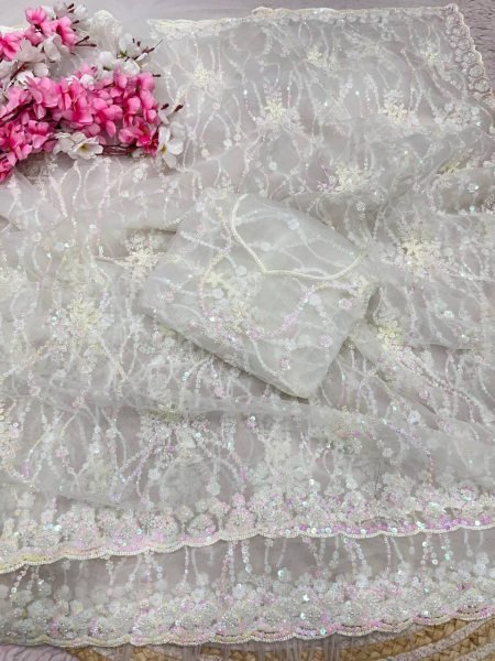 Recyclable White Butterfly Net Saree with Designer C Pallu Work For Party Bollywood Fancy Sarees Wholesale
