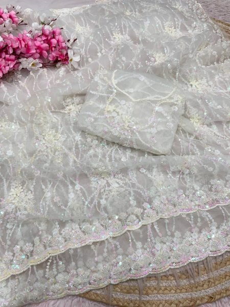 Recyclable White Butterfly Net Saree with Designer C Pallu Work For Party Bollywood Fancy Sarees Wholesale