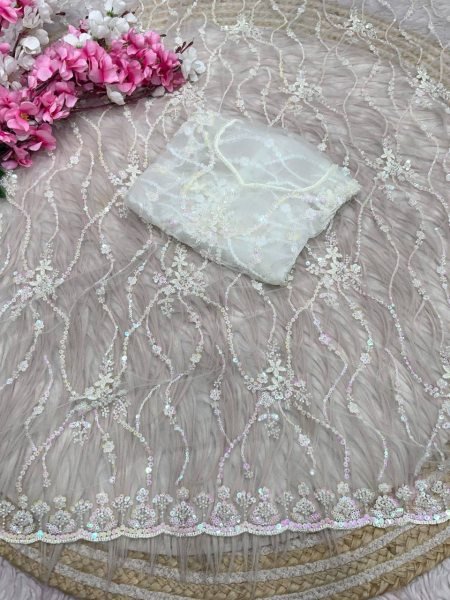 Recyclable White Butterfly Net Saree with Designer C Pallu Work For Party Bollywood Fancy Sarees Wholesale