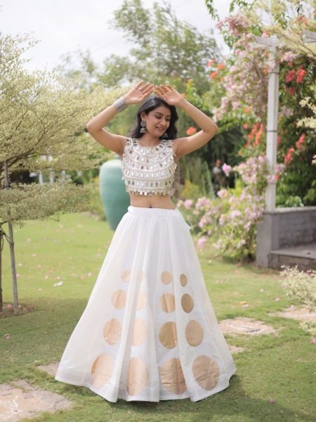 Recyclable White Party Wear Roman Silk Lehenga Choli with Sleeveless Mirror Lace Blouse  Lehenga