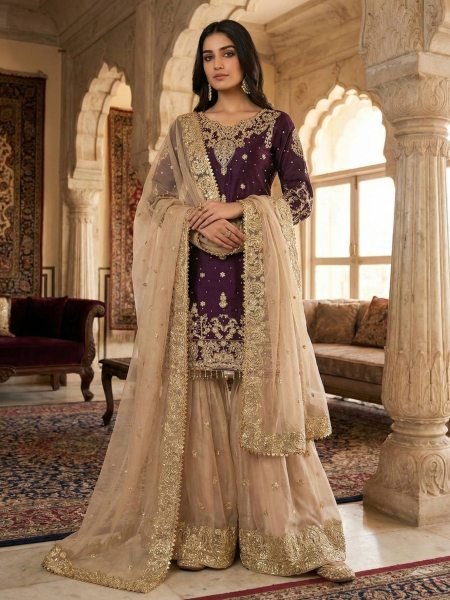 Recyclable Wine Eid Collection Sharara Set at Wholesale Rate for Women Ready To Wear Suit