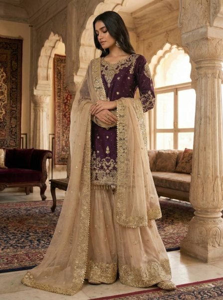 Recyclable Wine Eid Collection Sharara Set at Wholesale Rate for Women Ready To Wear Collection
