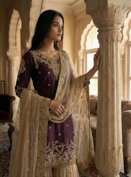 Recyclable Wine Eid Collection Sharara Set at Wholesale Rate for Women Ready To Wear Collection