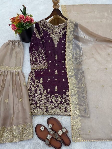 Recyclable Wine Eid Collection Sharara Set at Wholesale Rate for Women Ready To Wear Collection