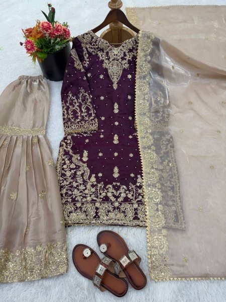 Recyclable Wine Eid Collection Sharara Set at Wholesale Rate for Women Ready To Wear Collection