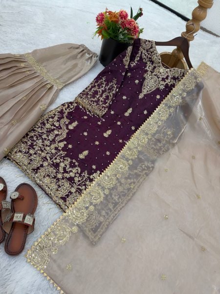 Recyclable Wine Eid Collection Sharara Set at Wholesale Rate for Women Ready To Wear Collection