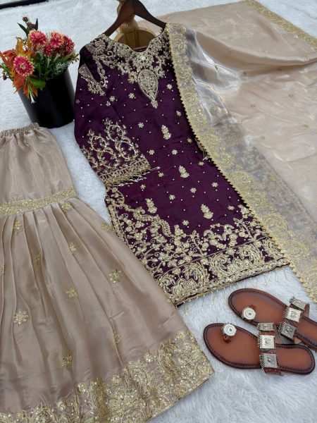 Recyclable Wine Eid Collection Sharara Set at Wholesale Rate for Women Ready To Wear Collection