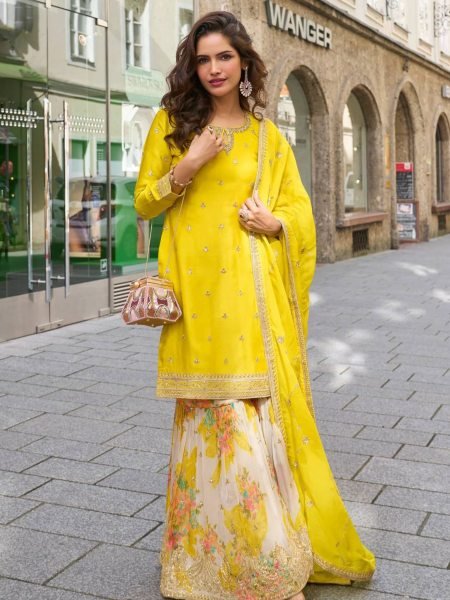 Recyclable Yellow Chinon Silk Sharara Suits With Siqunce Dupatta For Wedding Wear 