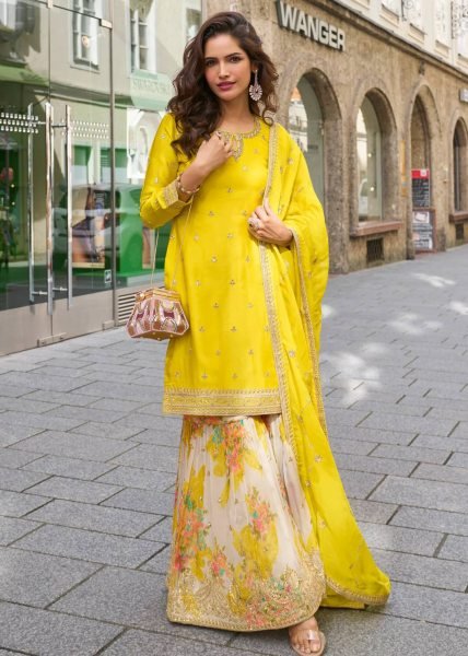 Recyclable Yellow Chinon Silk Sharara Suits With Siqunce Dupatta For Wedding Wear Ready To Wear Collection