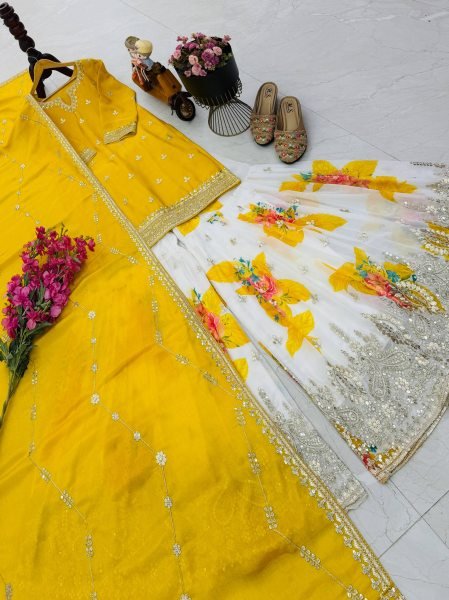 Recyclable Yellow Chinon Silk Sharara Suits With Siqunce Dupatta For Wedding Wear Ready To Wear Collection