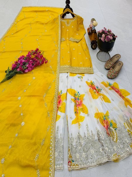 Recyclable Yellow Chinon Silk Sharara Suits With Siqunce Dupatta For Wedding Wear Ready To Wear Collection