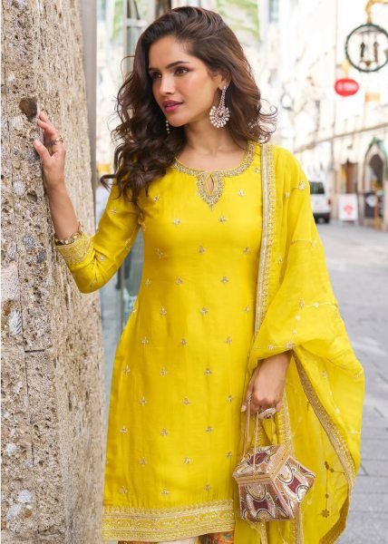 Recyclable Yellow Chinon Silk Sharara Suits With Siqunce Dupatta For Wedding Wear Ready To Wear Collection