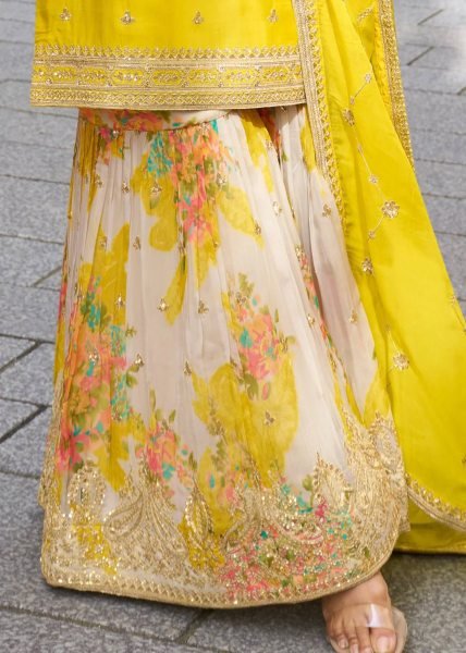 Recyclable Yellow Chinon Silk Sharara Suits With Siqunce Dupatta For Wedding Wear Ready To Wear Collection