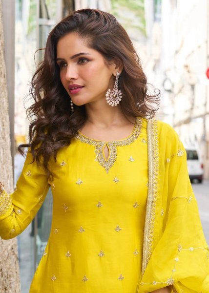 Recyclable Yellow Chinon Silk Sharara Suits With Siqunce Dupatta For Wedding Wear Ready To Wear Collection