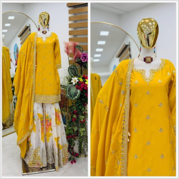 Recyclable Yellow Chinon Silk Sharara Suits With Siqunce Dupatta For Wedding Wear Ready To Wear Collection