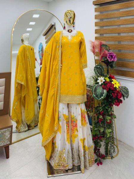 Recyclable Yellow Chinon Silk Sharara Suits With Siqunce Dupatta For Wedding Wear Ready To Wear Collection
