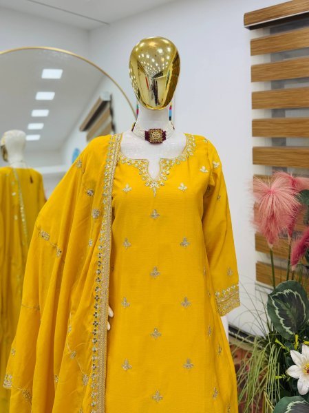Recyclable Yellow Chinon Silk Sharara Suits With Siqunce Dupatta For Wedding Wear Ready To Wear Collection