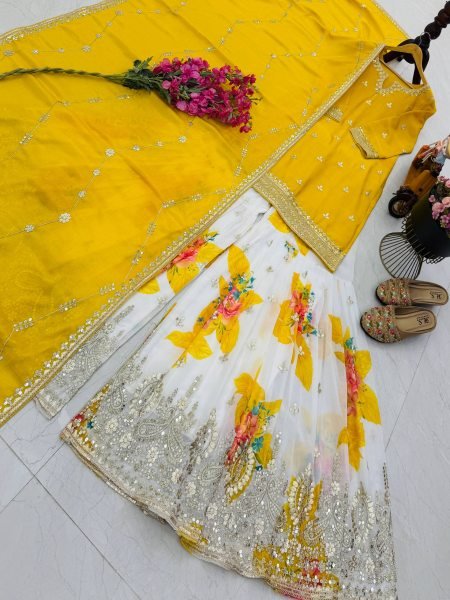 Recyclable Yellow Chinon Silk Sharara Suits With Siqunce Dupatta For Wedding Wear Ready To Wear Collection