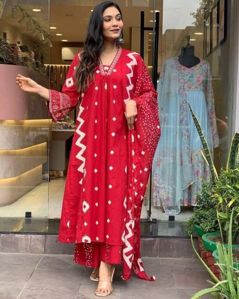 RED ANARKALI HEAVY PURE COTTON SUIT SET  3 Piece Kurti Set