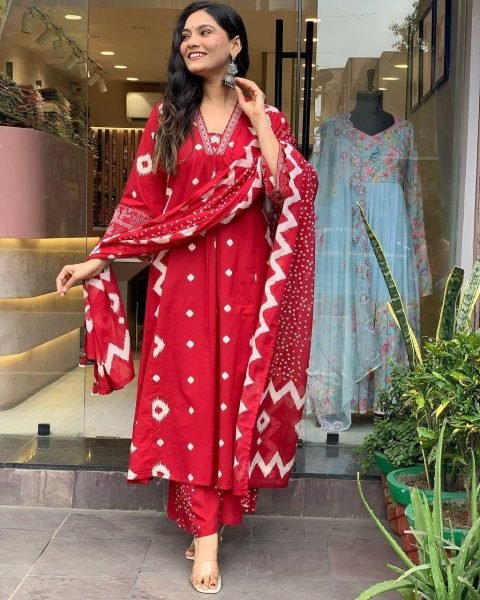 RED ANARKALI HEAVY PURE COTTON SUIT SET  3 Piece Kurti Set