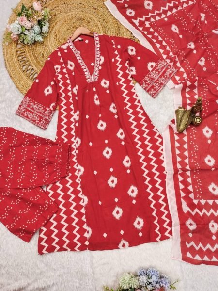 RED ANARKALI HEAVY PURE COTTON SUIT SET  3 Piece Kurti Set